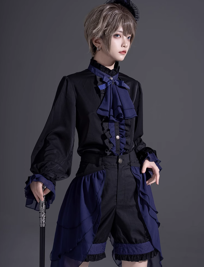 Ouji Lolita Prince Outfit Navy Blue Lolita Blouse Skirt Set 39360:633310