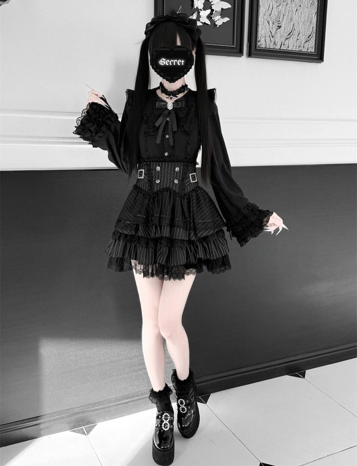 High-Waisted Jirai Kei Skirt, Lace Hem 44810:822760