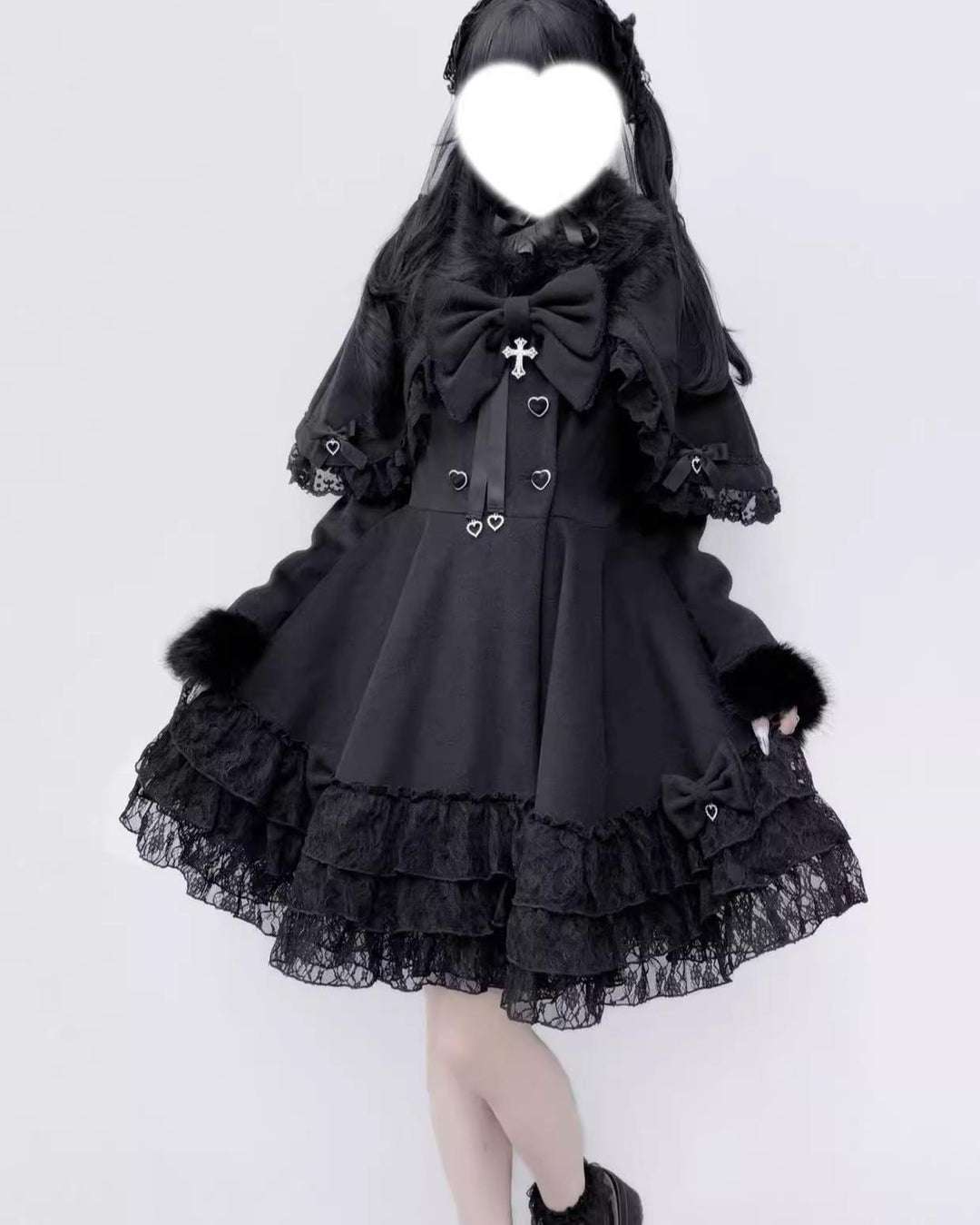 Winter Jirai Kei Coat With Detachable Cape Lace Trim Coat 41574:706770