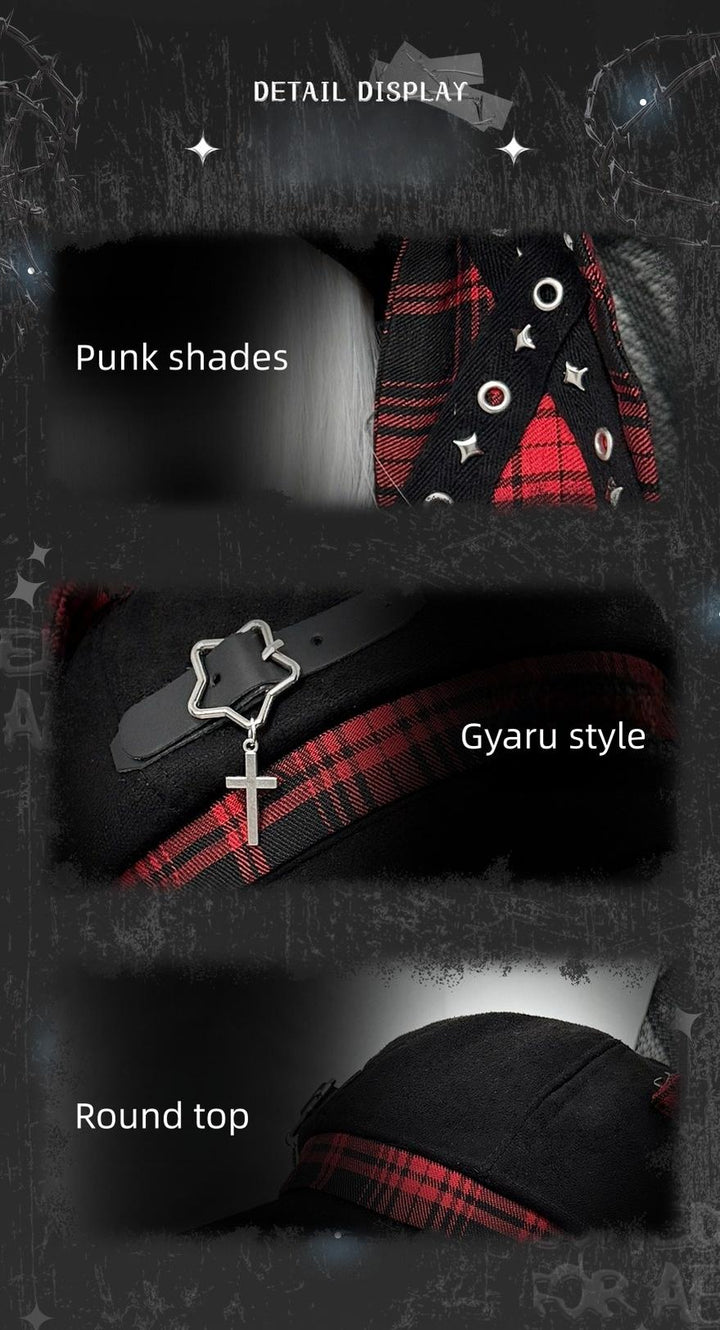Plaid Punk Beret Hat, Bunny Ears, Safety Pins 43833:786498