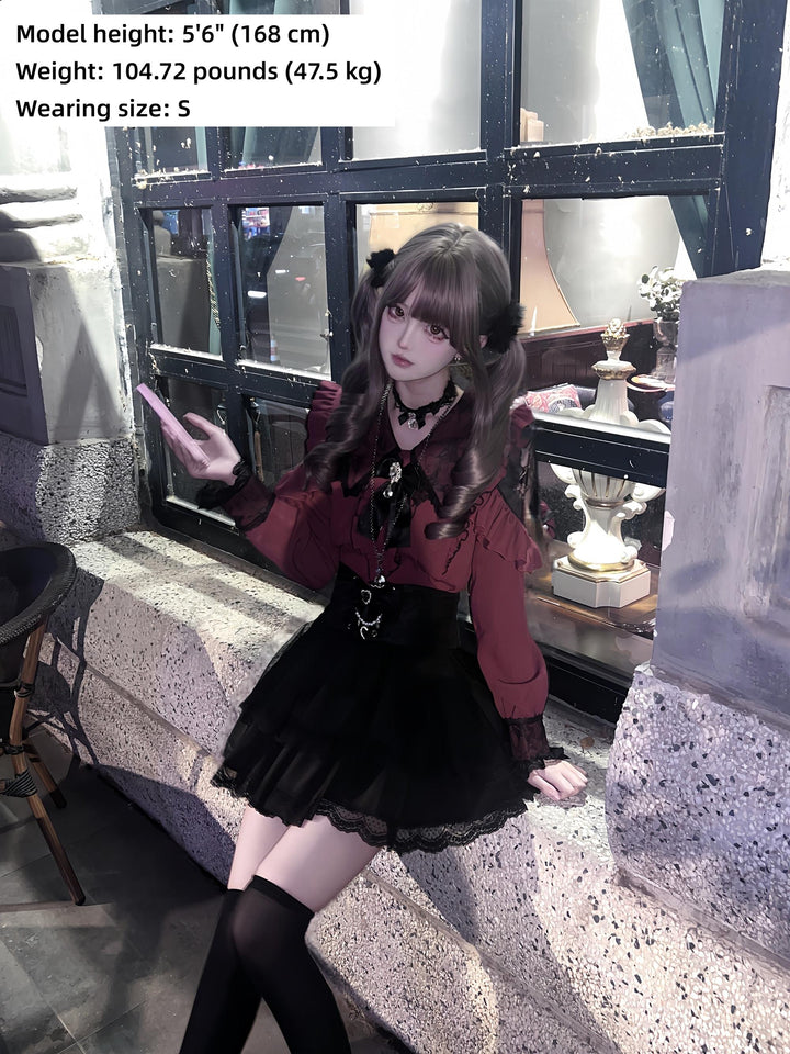 Jirai Kei Long Sleeve Blouse, Lace Overlay and Heart Buttons 44589:815216