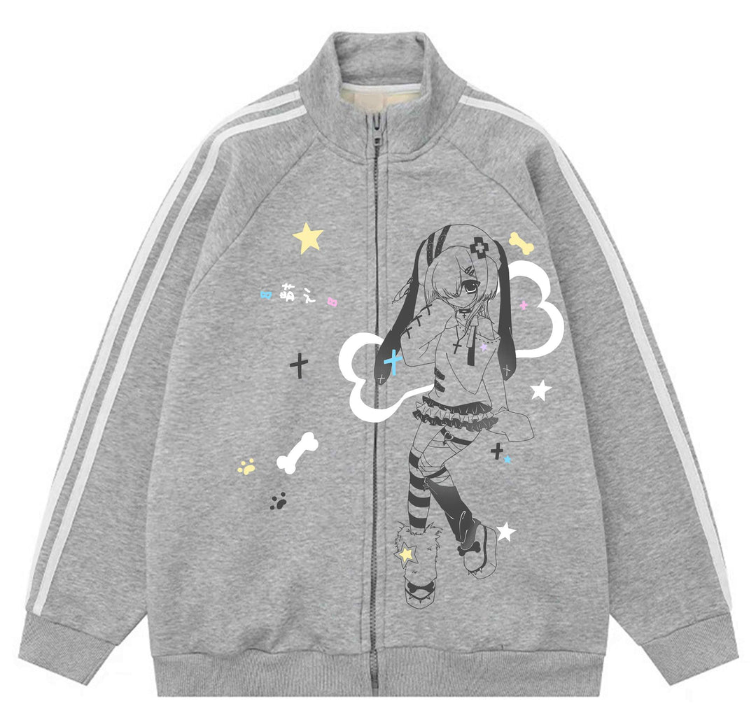 Plus Size Kawaii Jacket Grey Stand Collar Hoodie 35340:489244 35340:489244