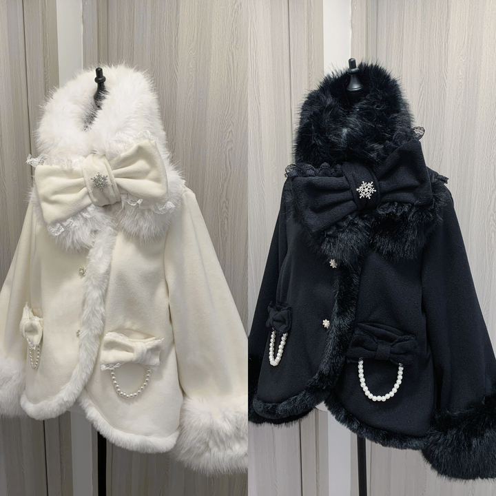 Jirai Kei Wool Coat Fur Collar Big Bow Knot Winter Coat 40572:674354