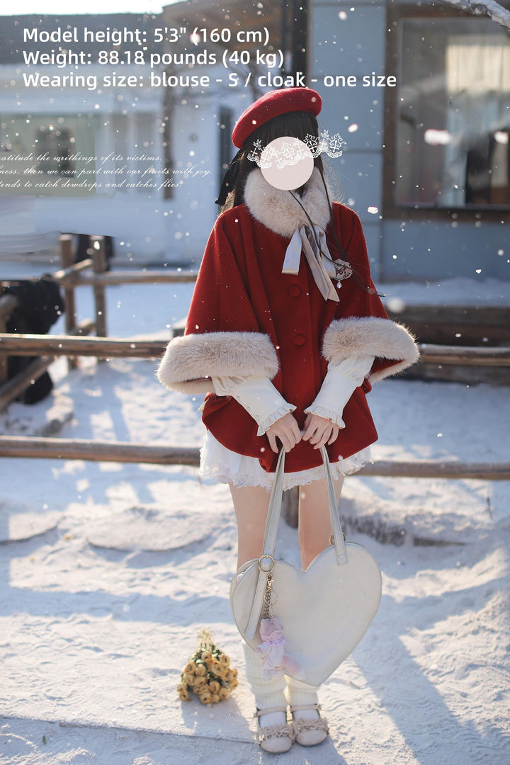 Christmas Woolen Blend Red Cloak, Beige Blouse 44037:793487