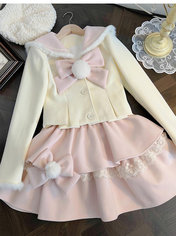 Ryousangata Beige Winter Coat Slim Pink Tiered Skirt 40880:690834