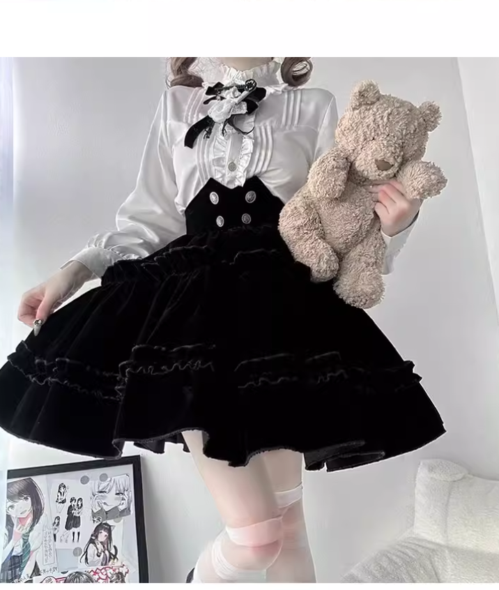 Ouji Lolita Prince Outfit Set Black Skirt Velvet Shorts Set 39368:631942