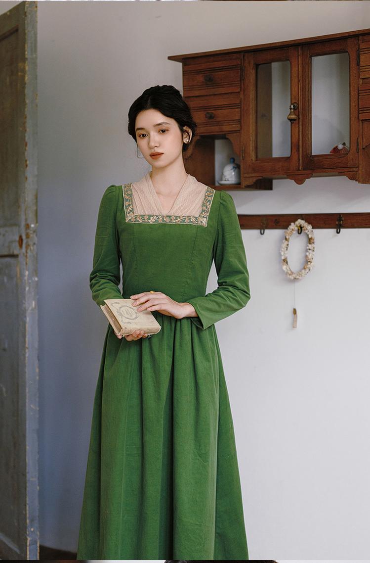 Retro Prom Dress Green Elegant Corduroy Court Dress 42200:732872