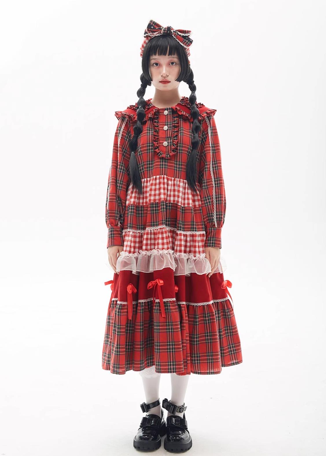 Sweet Lolita Dress Kawaii Dress Retro Dress Red Plaid Dress 36148:542900