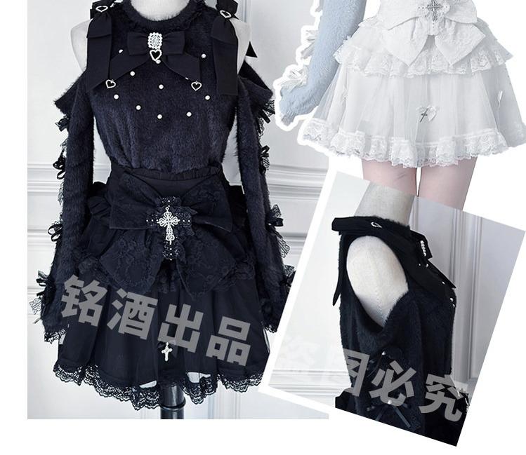 Jirai Kei Open-Shoulder Sweater, High-Waist Cross Skirt 44377:807431