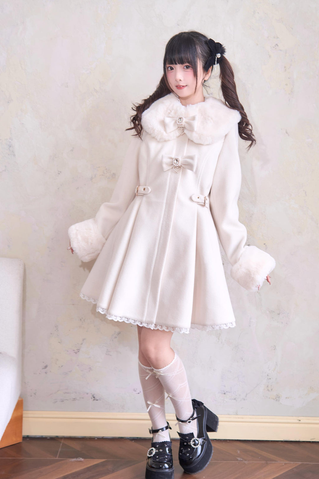 Jirai Kei Winter Coat Fur Collar Lace Coat With Bows (L M) 41410:698156