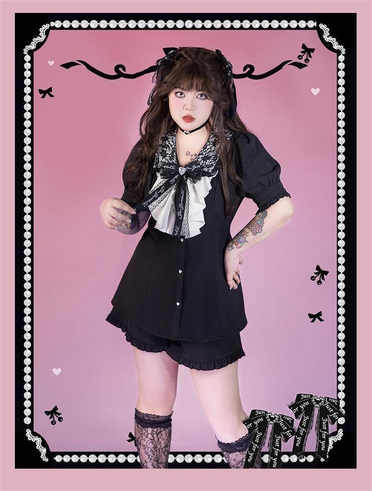 Plus Size Jirai Kei Blouse Short Sets Pink Black Full Set 21886:317366