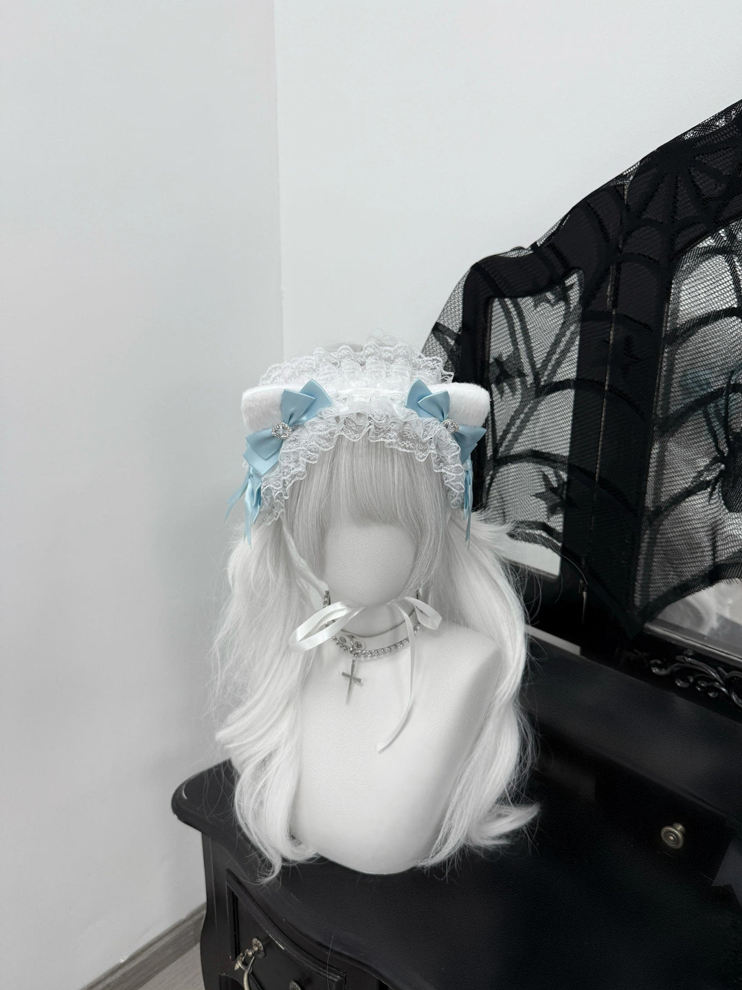 Jirai Kei Headband With Furry Cat Ear & Lace & Rhinestones 43075:767123