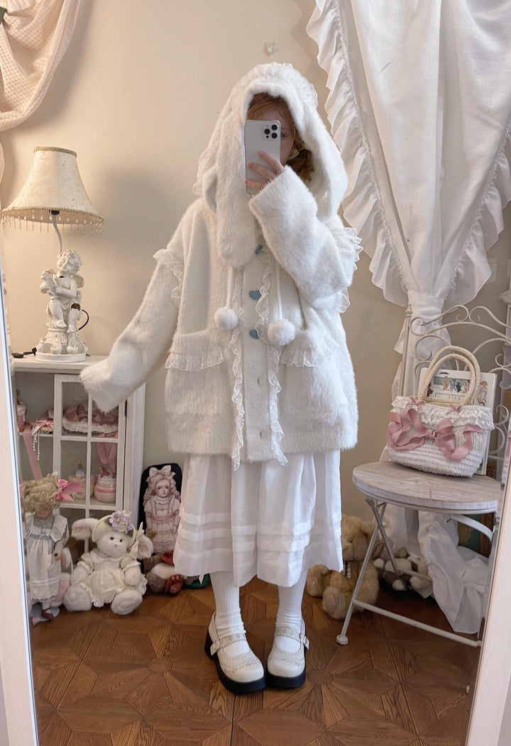 Kawaii Coat Sweater Bunny Ear Lace Knitted Hooded Cardigan 40338:665502