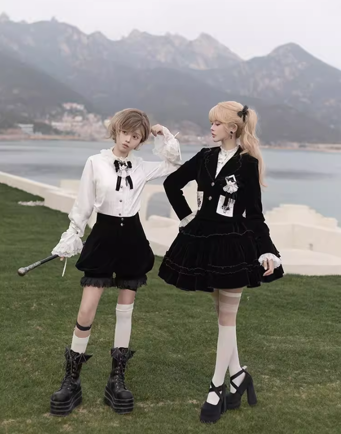 Ouji Lolita Prince Outfit Set Black Skirt Velvet Shorts Set 39368:631996