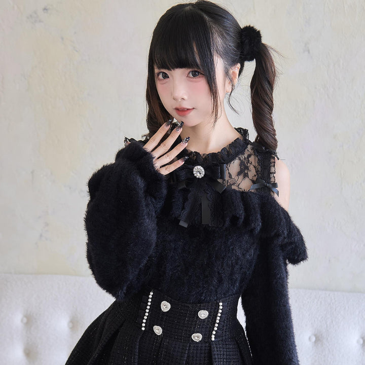 Jirai Kei Sweater Lace Frill Collar Knit Sweater With Bow 41680:711728