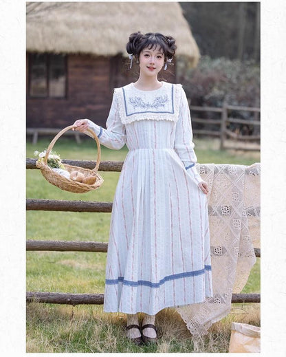 Cottagecore Dress Vintage Floral Striped Dress 36244:534252