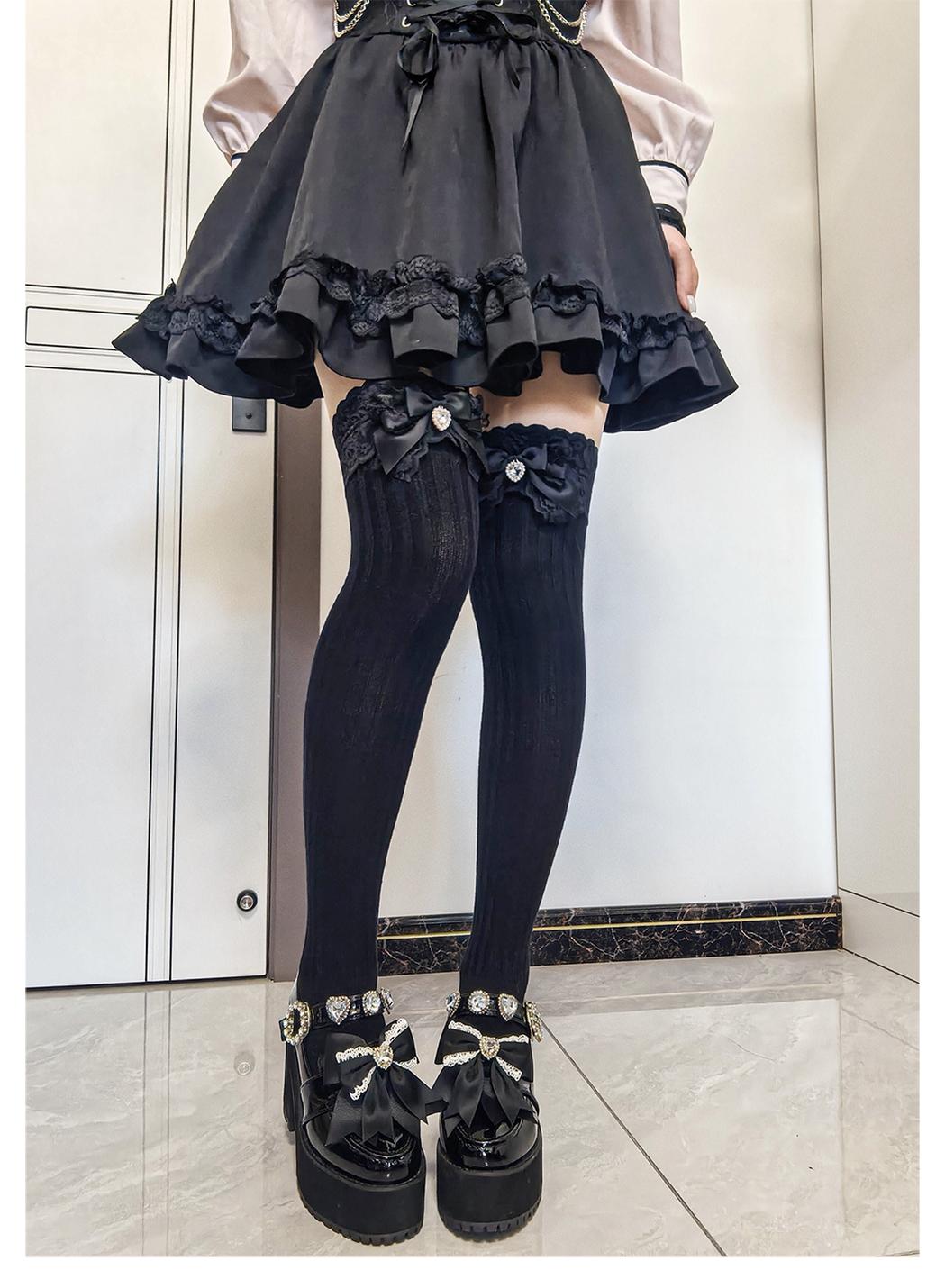 Jirai Kei Over-the-Knee Knit Socks, Bow & Lace 46069:875522