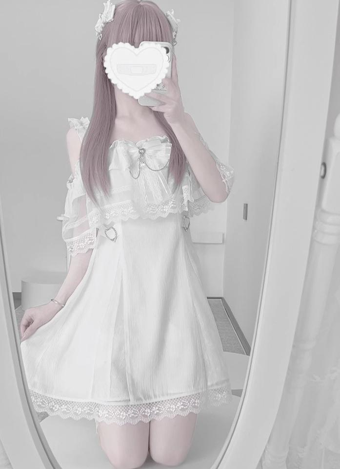 Solid White Ryousangata Dress, Bust Sheer Overlay Dress + Bowtie / M