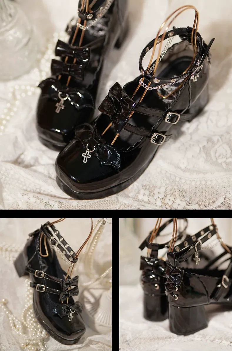 Halloween Gothic Lolita Heeled Shoes, Cross Pendant 45653:857594