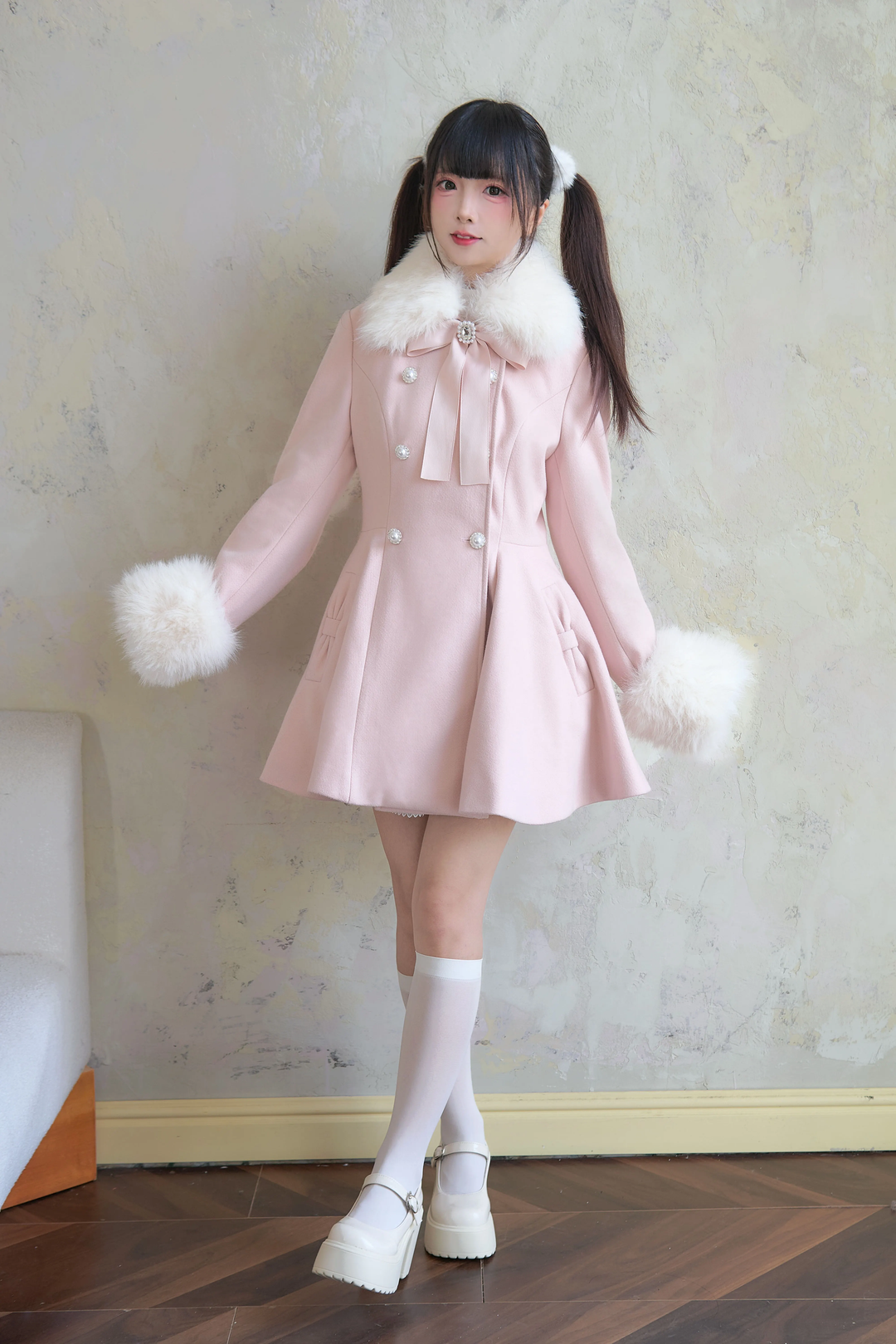 Jirai Kei Winter Coat Mid-length Coat Slim Fit Big Hem Coat 40570:674398