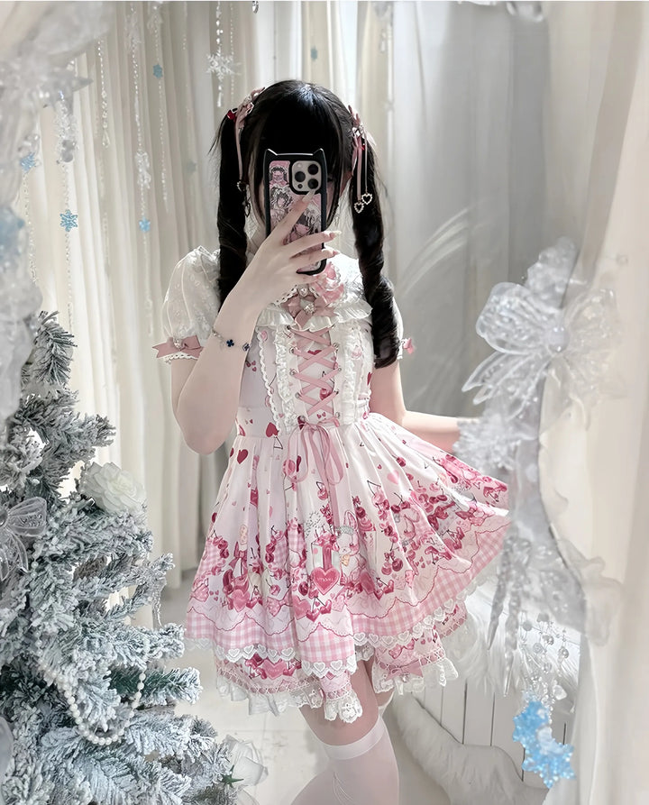 Kawaii Lolita Skirt Set, Bunny and Cherry Print 45163:838699