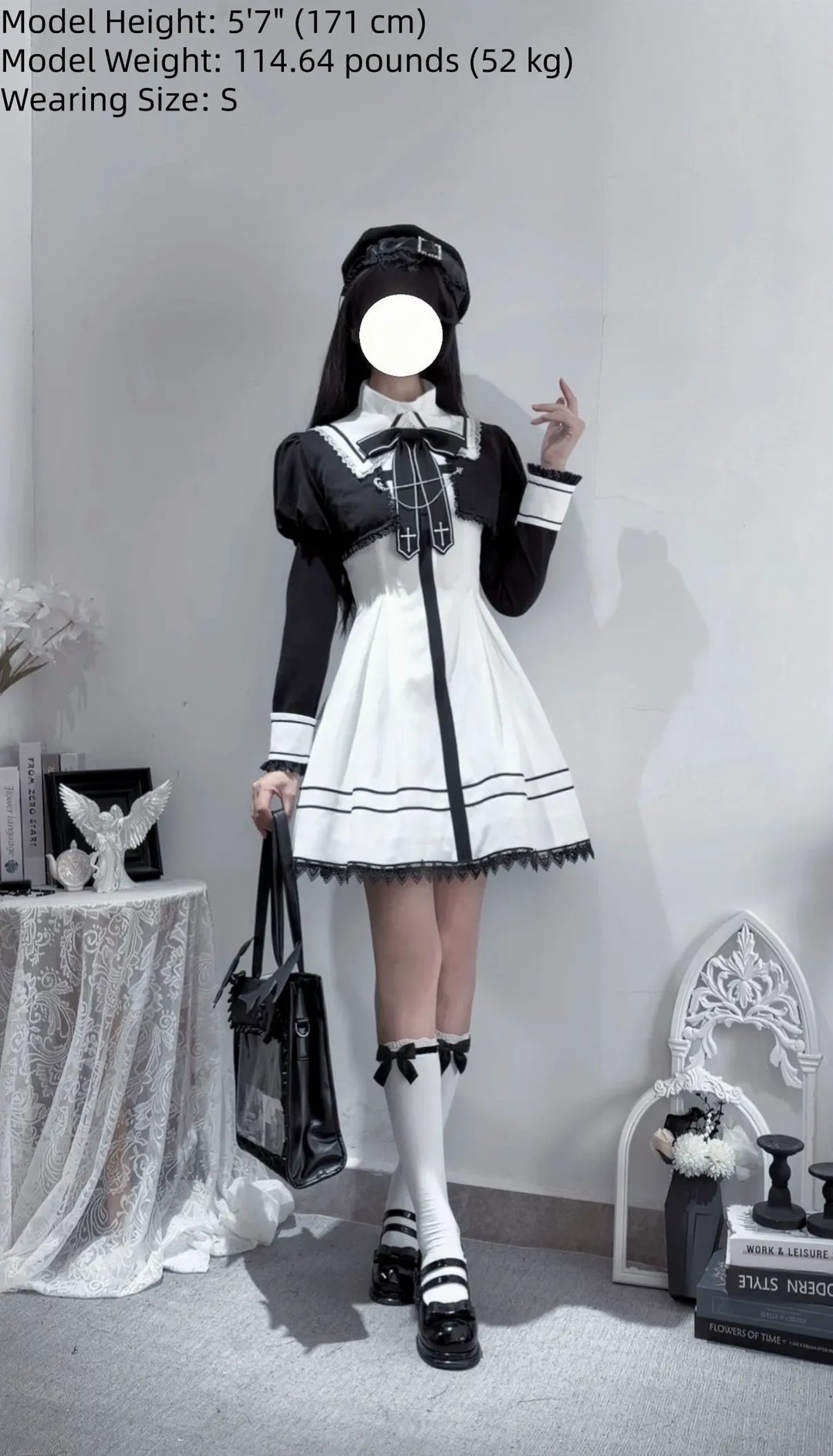 Gothic Dress with Pleated Hem, Detachable Faux Collar 45807:865840