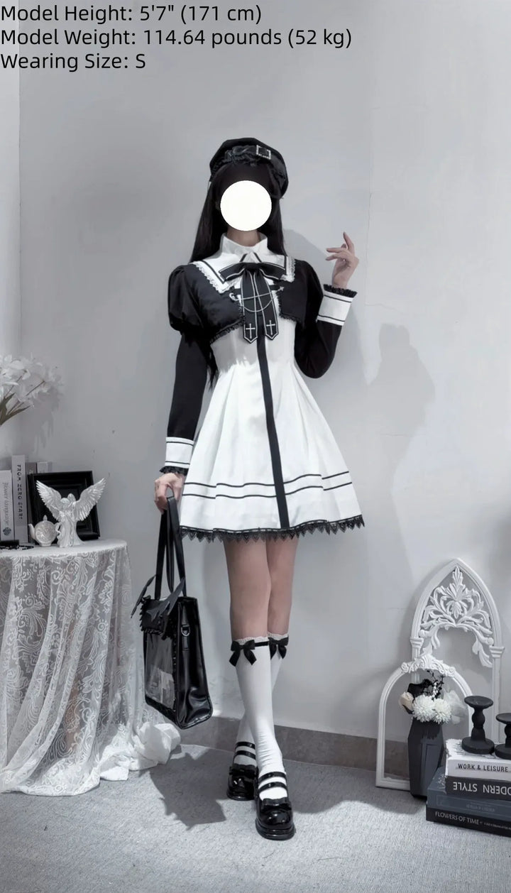 Gothic Dress with Pleated Hem, Detachable Faux Collar 45807:865840