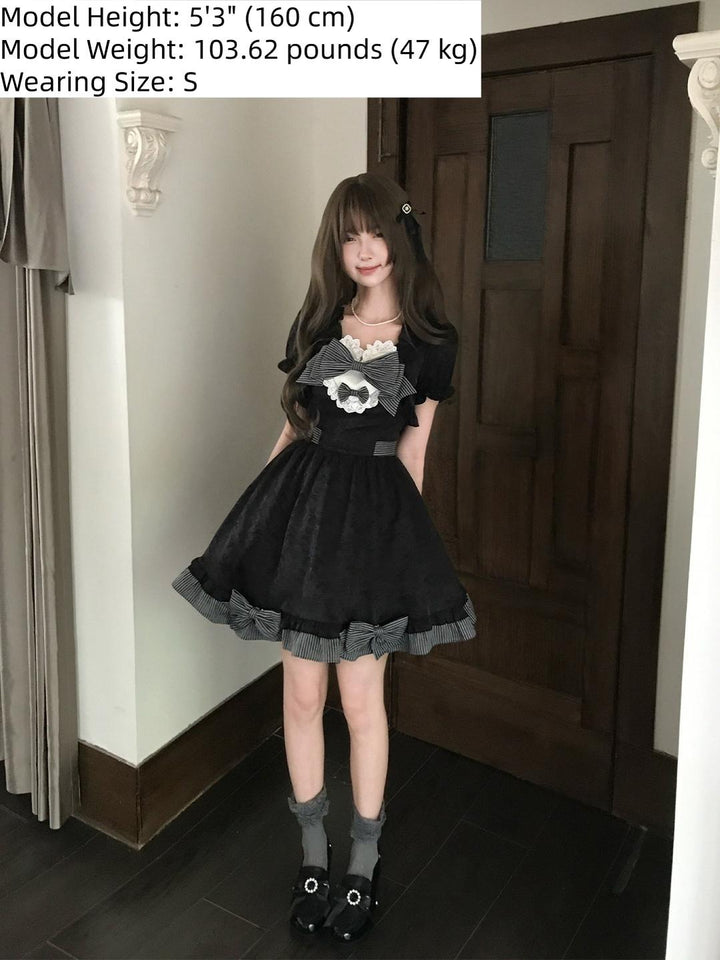 Black Jacquard A-Line Fluffy Dress, Striped Bows 45349:849910