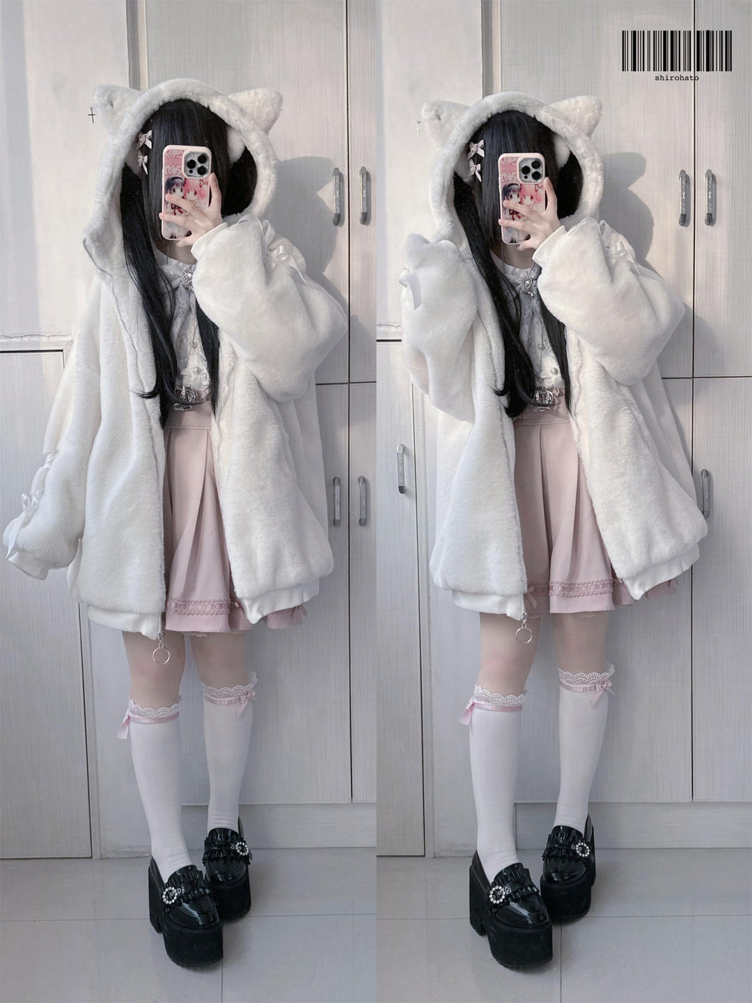 Jirai Kei Winter Coat Cat Ear Hoodie Thick Fleece Coat 40956:682356