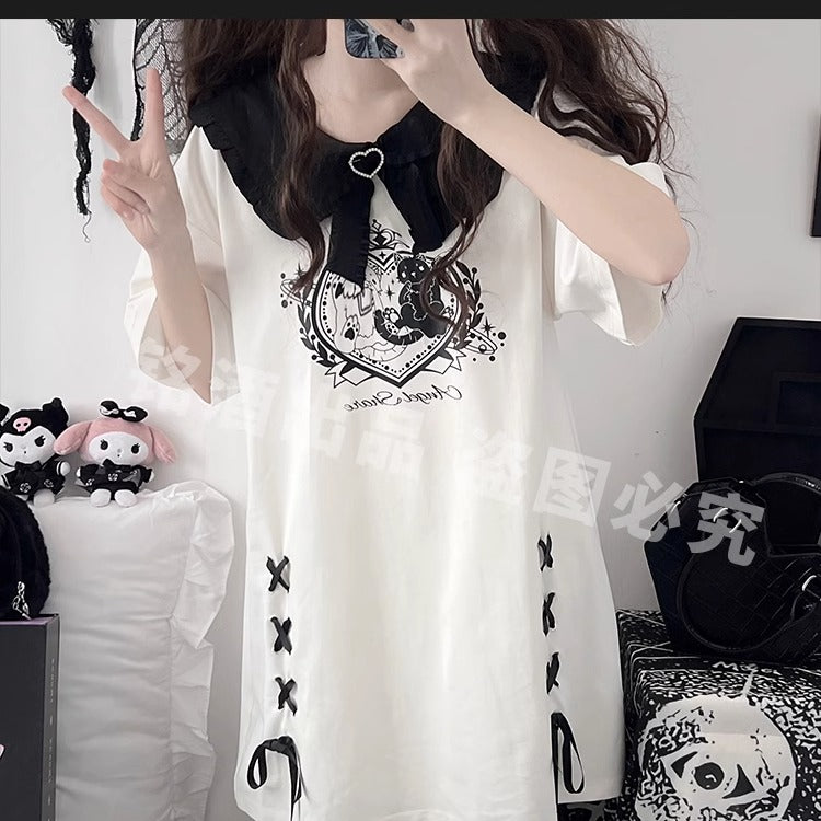 Jirai Kei Black/ White T-shirt Dress 21828:313630 21828:313630