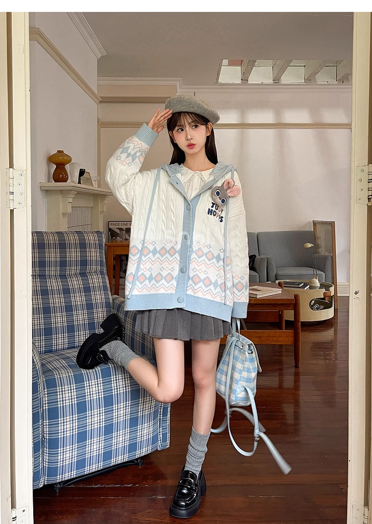 Mori Kei Sweater Bunny Fox Coat Plaid Knit Jacket 39272:643418