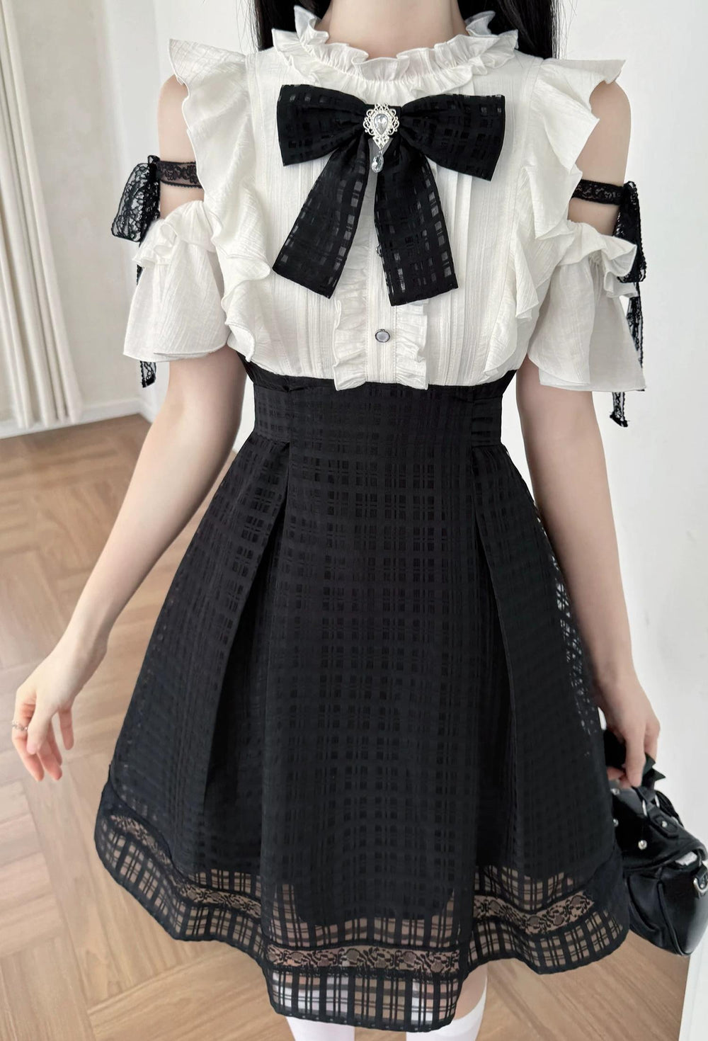 Seiso Kei Open Shoulder Dress, Black Lace Straps 45799:863065