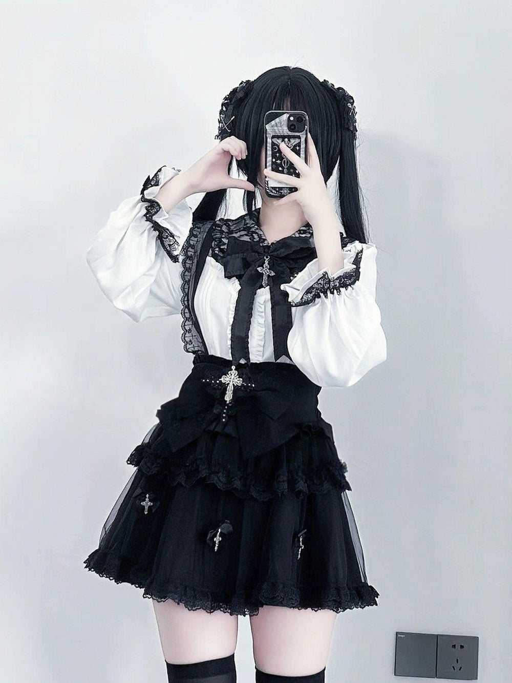 Plus Size Jirai Kei Cross Skirt Set, Detachable Suspender 43761:784959