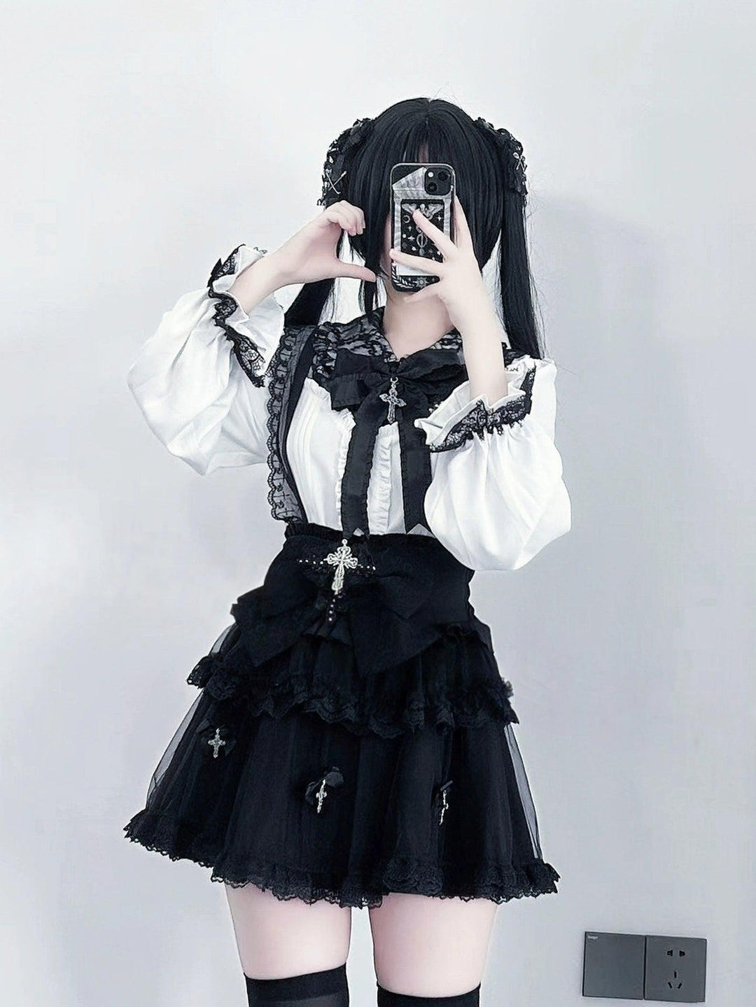 Plus Size Jirai Kei Cross Skirt Set, Detachable Suspender 43761:784959