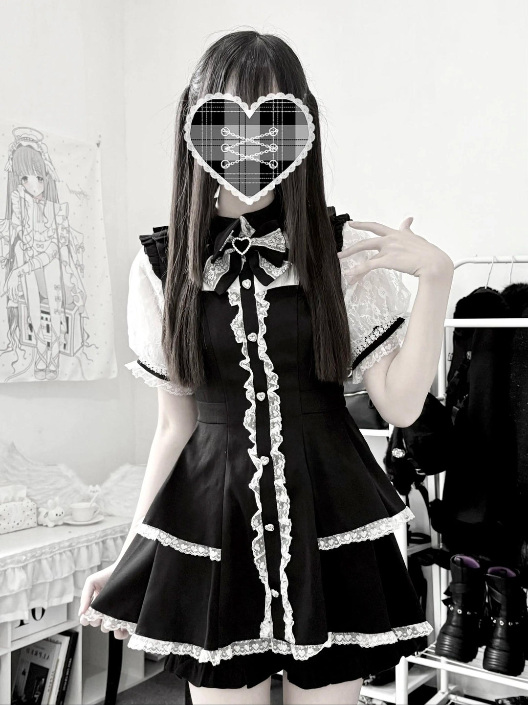 Jirai Kei Lace Sleeve Set Up, Pleated Dress Hem 45721:860099