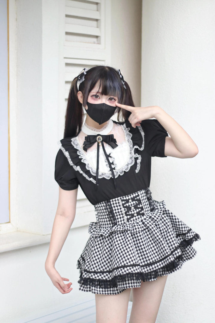 Puff Short-Sleeved Jirai Kei Blouse, Lace Pearl Decor 43616:781769