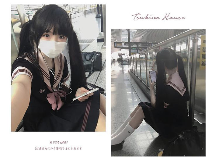 Navy and Pink JK Uniform Top + Pleated Skirt 43790:785188