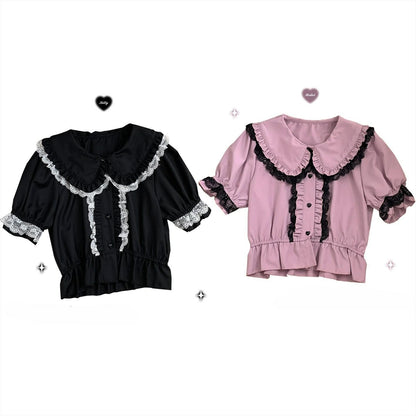 Jirai Kei Shirt Sweet Lace Blouse Short Sleeve Peter Pan Collar 35260:540230