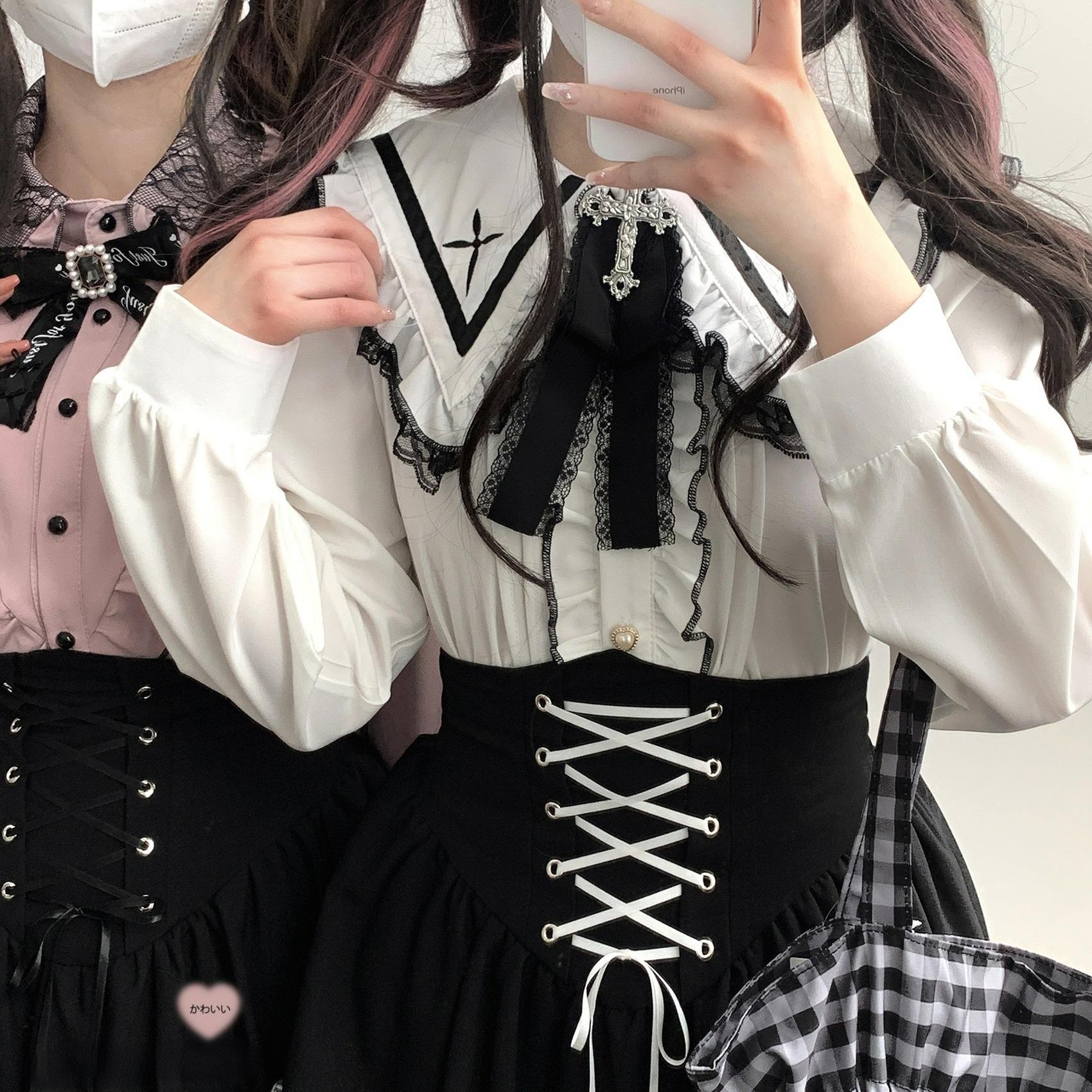 Jirai Kei Blouse Sailor Collar Shirt Cross Lace Long Sleeve Blouse 36780:537502