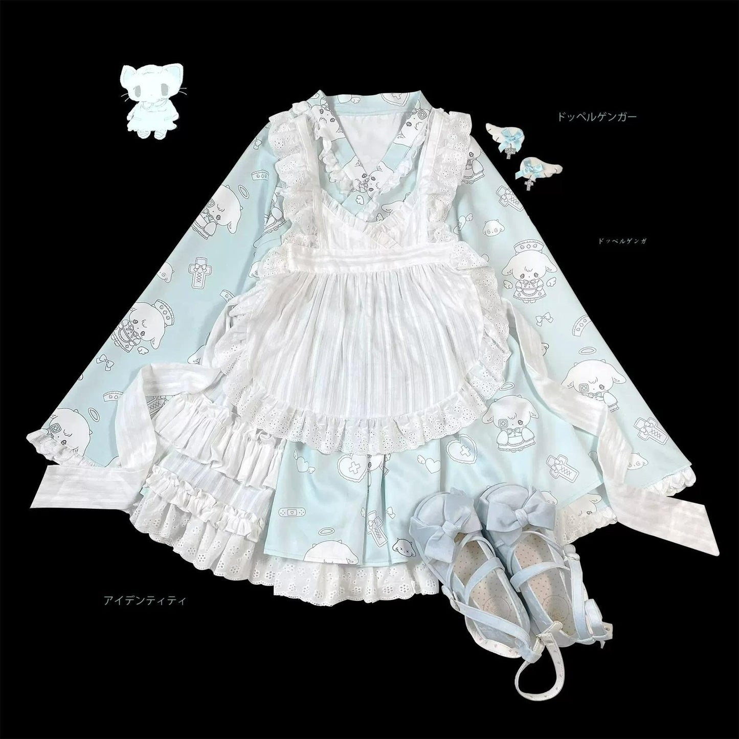Tenshi Kaiwai Patchwork Skirt Kimono Top White Apron Three-Piece Set 36786:536950
