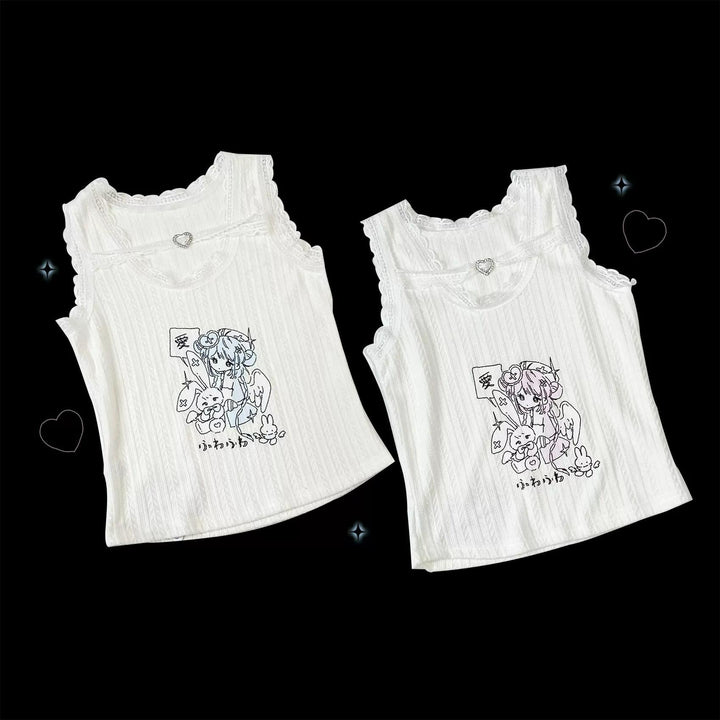 Jirai Kei Vest Lace White Top Anime Print Tank Top 36788:536500 36788:536500