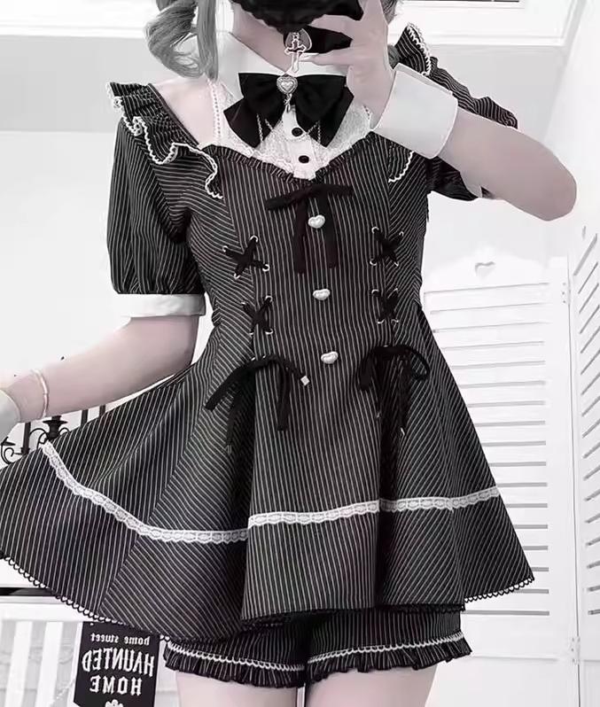 Jirai Kei Set Up, Striped Open-Shoulder Dress + Elastic Shorts 43545:779006