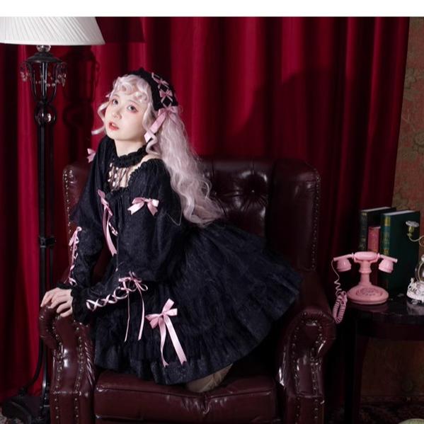 Gothic Lolita Dress Long Sleeve Dress Black Pink Puffy Dress 32084:381998