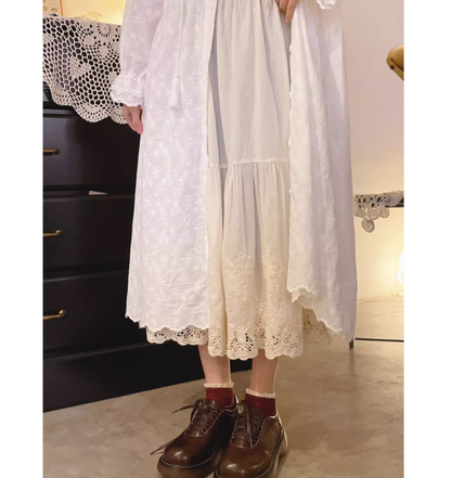 Mori Kei Underskirt Cotton Hollow Lace Spliced Skirt 36220:524784
