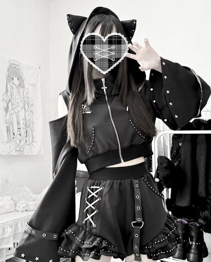 Gothic Hooded Crop Jacket & Shorts Set, Cat Ear 46064:874126