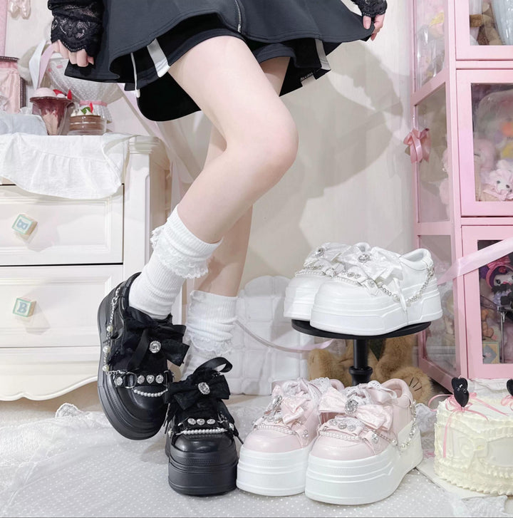 Jirai Kei Platform Shoes, Rhinestone & Pearl Chain 45866:868270