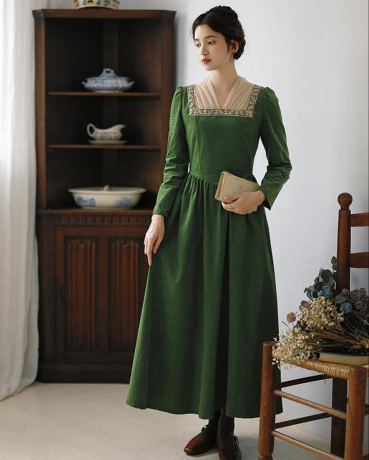 Retro Prom Dress Green Elegant Corduroy Court Dress 42200:732885