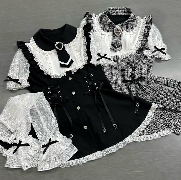 Jirai Kei Dress Set Parisian Chic Short Sleeve Lace Trim Set Up 41678:731447