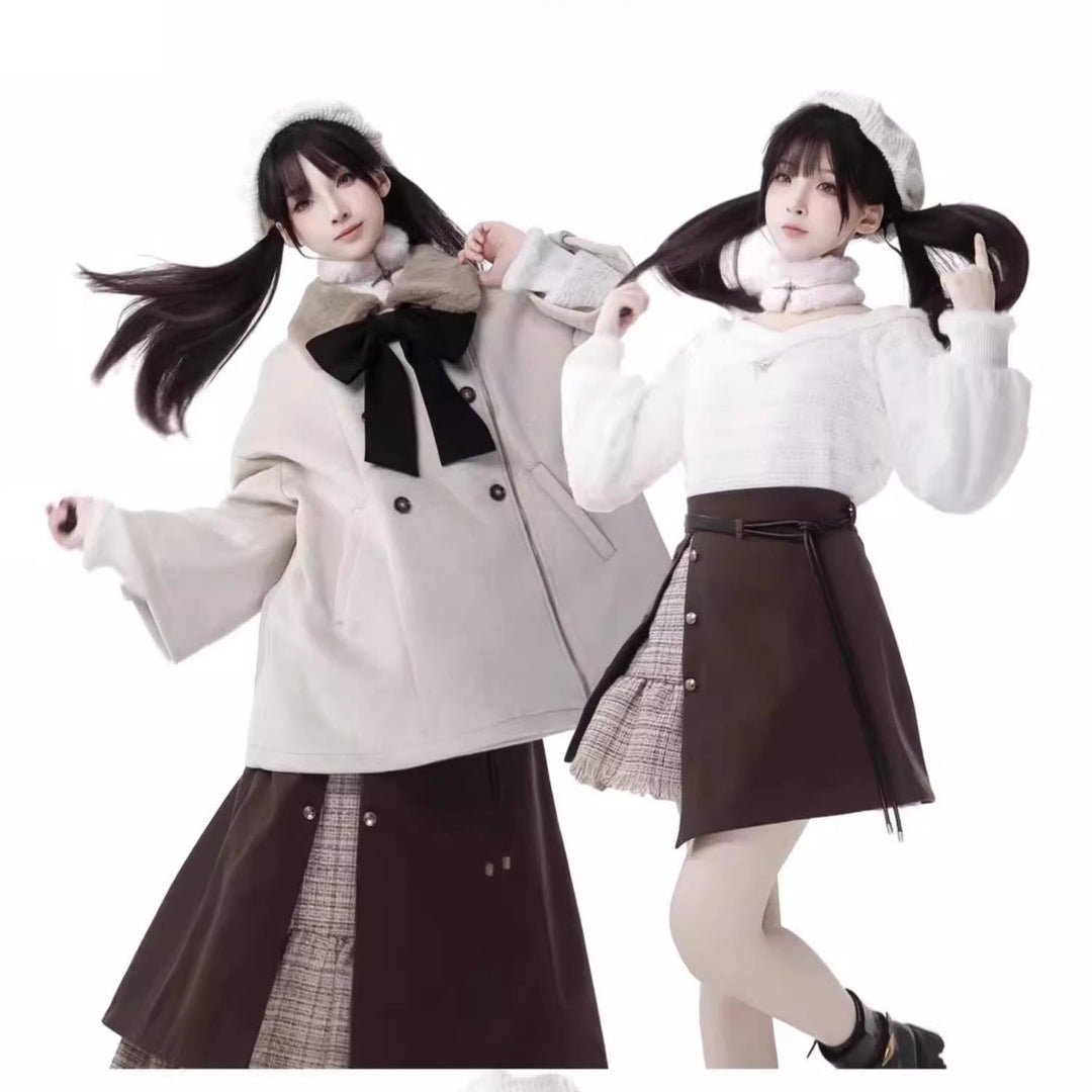 Mori Kei Outfit Set Plush Coat Sweater Skirt Set 41114:694978