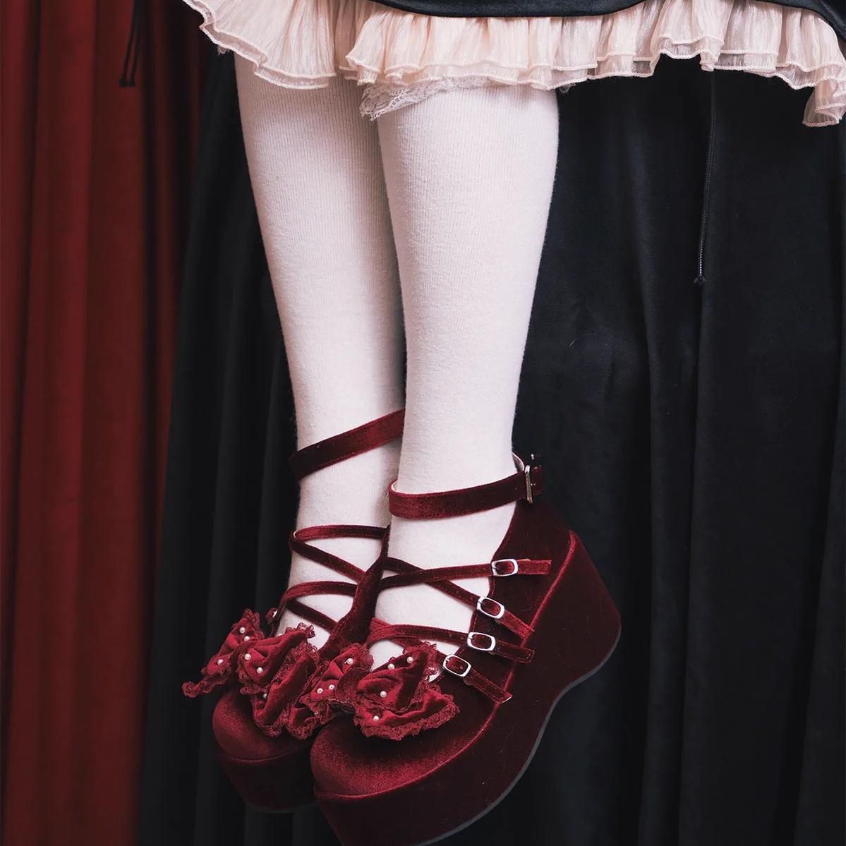 Lolita Shoes Velvet Platform Shoes Lace-up Mary Jane Shoes 37022:547558